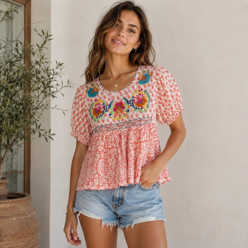 Sister Mary Top Womens XS Pink Embroidered Paisley Boho Babydoll Coastal Cottage